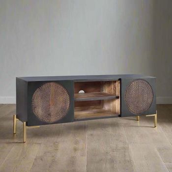 Refton Dark Mango Wood 2 Door Carved TV Unit