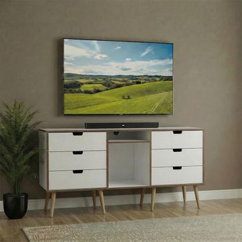 Shanghai White 150cm 6 Drawer TV Unit with Natural Legs