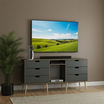 Shanghai Graphite 150cm 6 Drawer TV Unit with Natural Wooden Legs