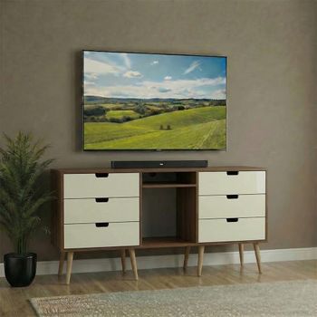 Shanghai Cream Gloss and Walnut 152cm 6 Drawer TV Unit with Natural Legs