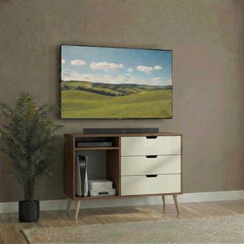 Shanghai Cream Gloss and Walnut 95cm 3 Drawer TV Unit with Natural Legs