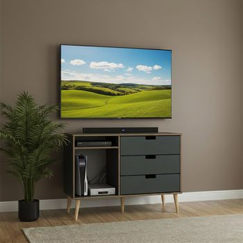 Shanghai Graphite 95cm 3 Drawer TV Unit with Natural Wooden Legs
