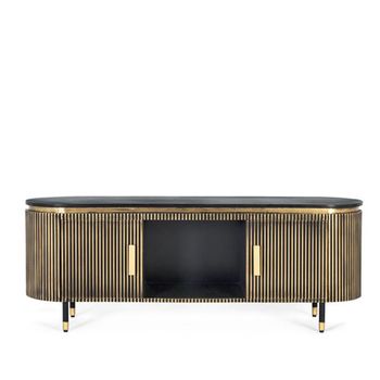 Stephen Black Marble Top Ribbed Brass 2 Door Curved TV Unit