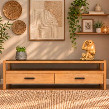Wood and Black Glass 2 Drawer TV Unit