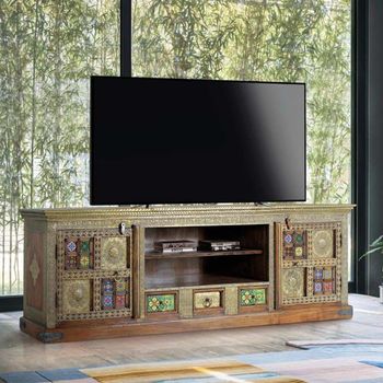 Trona Acacia Wood Brass Cladded 2 Door 3 Drawer Large Storage TV Unit