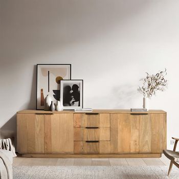 Wrenley Natural Mango Wood 180cm 4 Door 3 Drawer Large Storage TV Unit