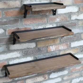 Set of 3 Fir Wood and Metal Wall Shelves