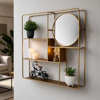 Gold Metal Wall Shelf with Round Mirror