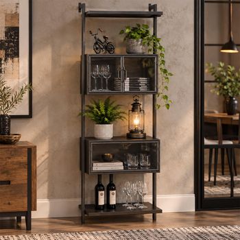Industrial Black Glass and Metal 3 Door Wall Unit
