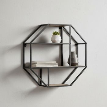 Seaford Oak and Black Metal Octagonal Wall Rack