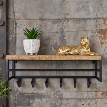 Shelf with Hooks Wood and Metal