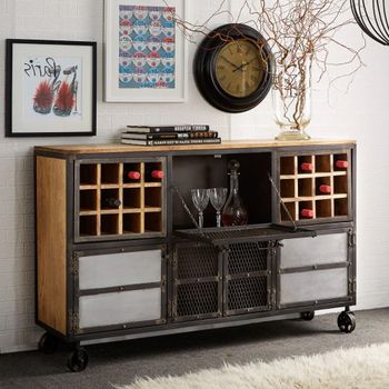 Evoke Wooden and Metal Wine Rack On Wheels Industrial Style Sideboard