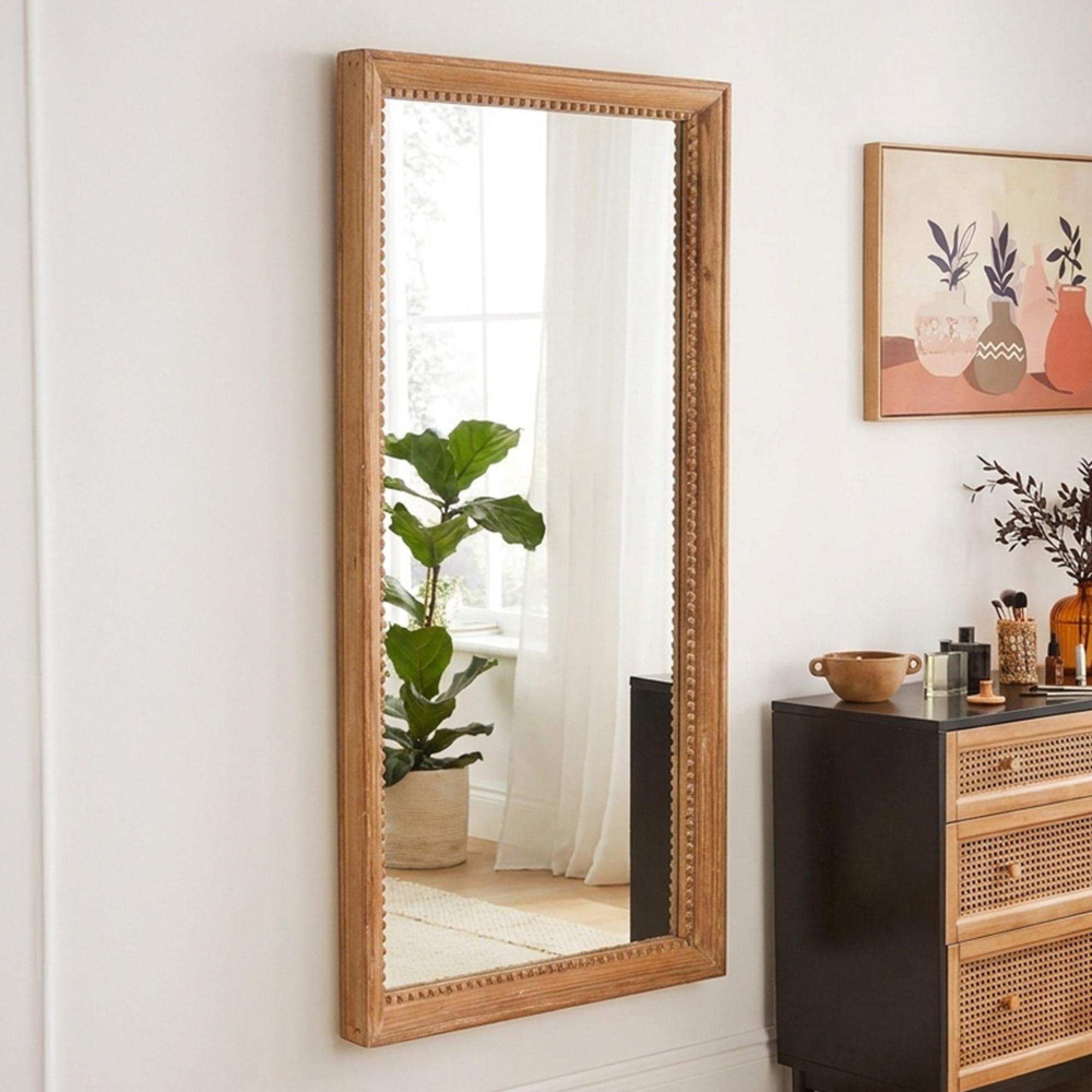 Wall Mirror - Beaded Border - Natural - Teak Wood - 61cm x 122cm