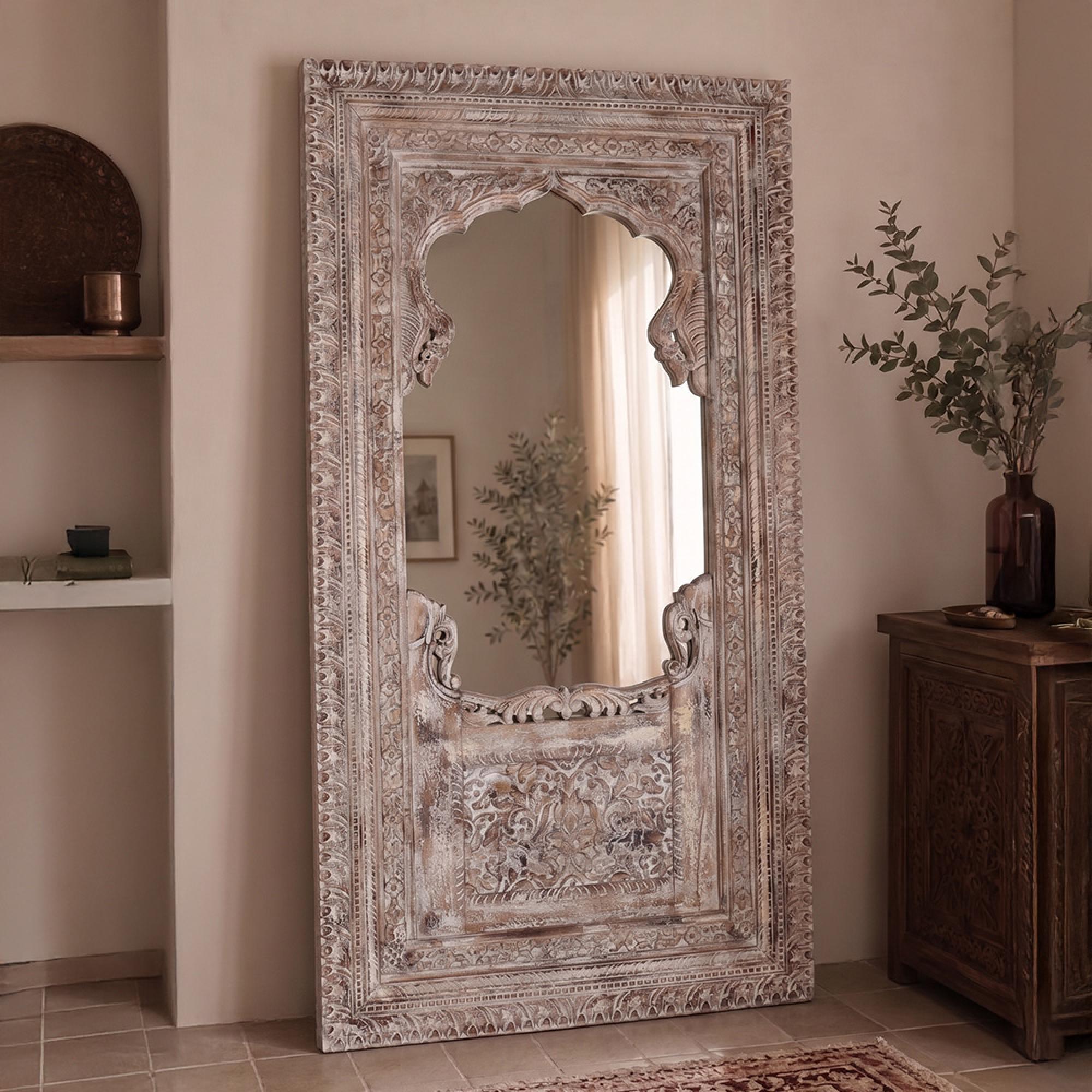 Carlos Distressed Carved Leaner Mirror - Ornate Design - Whitewashed - Teak Wood - 105cm x 198cm