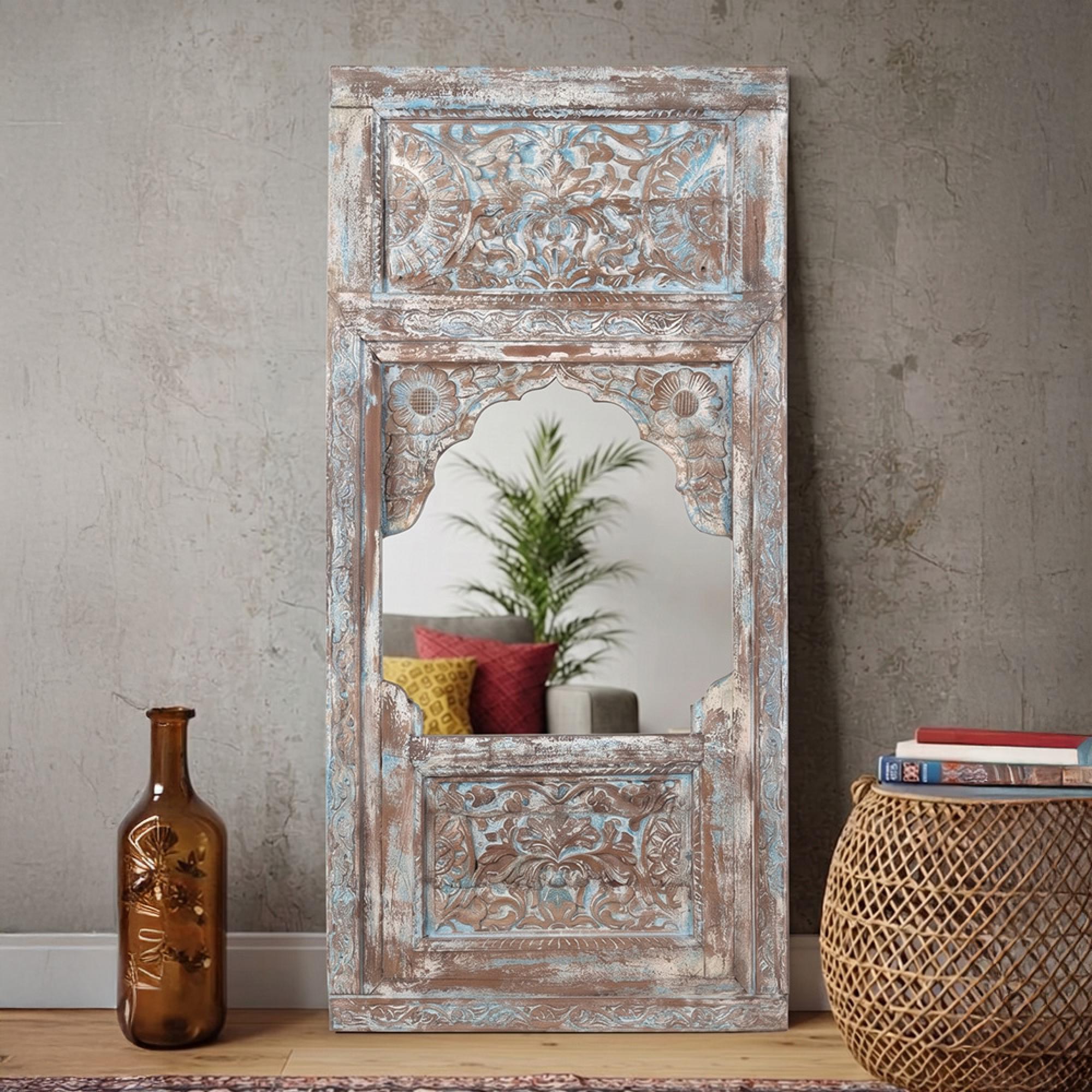 Distressed Carved Lenear Mirror - Multi-Color - Wooden - 85cm x 180cm