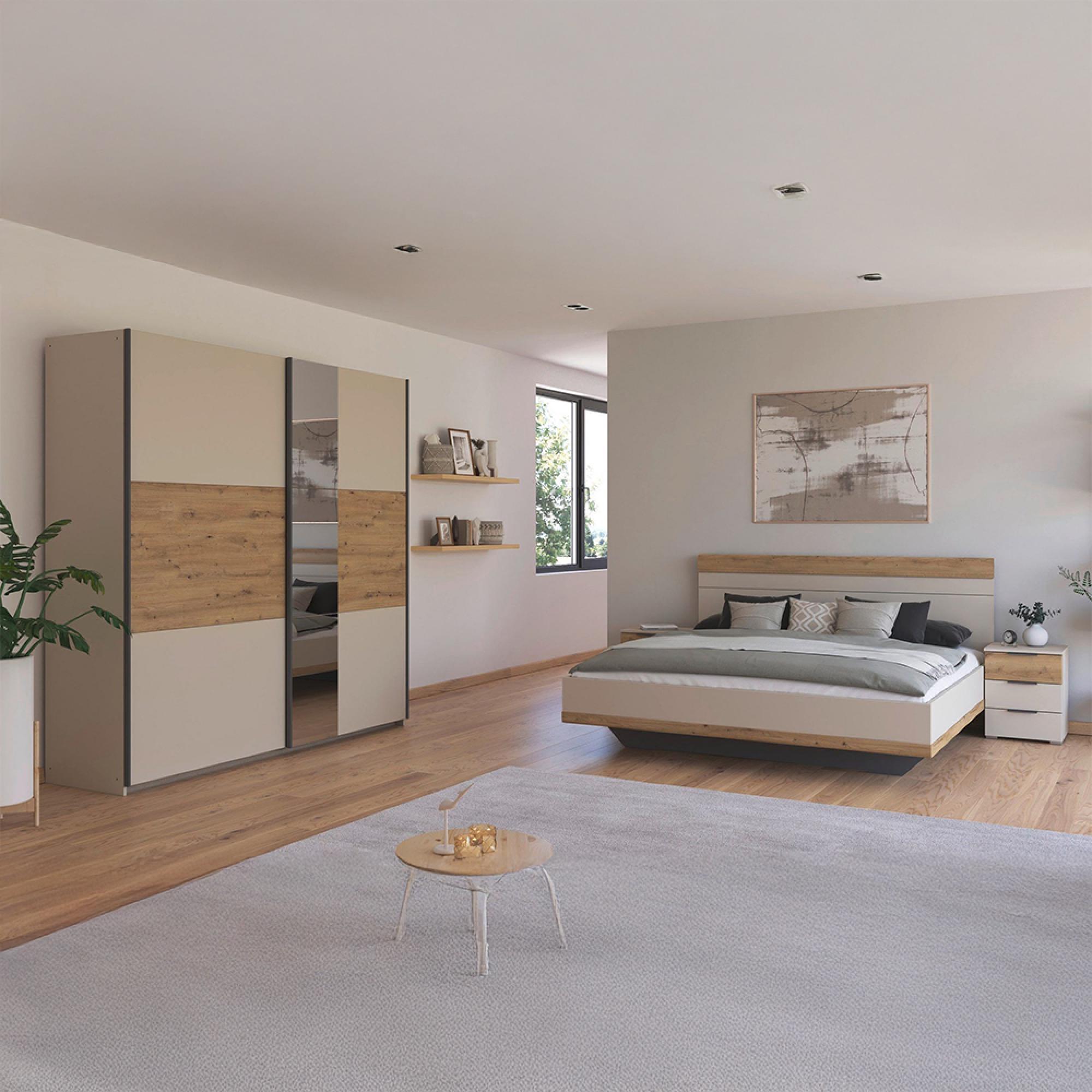 Sajo Bedroom Set - 160cm - Mirror Wardrobe - Champagne & Artisan Oak