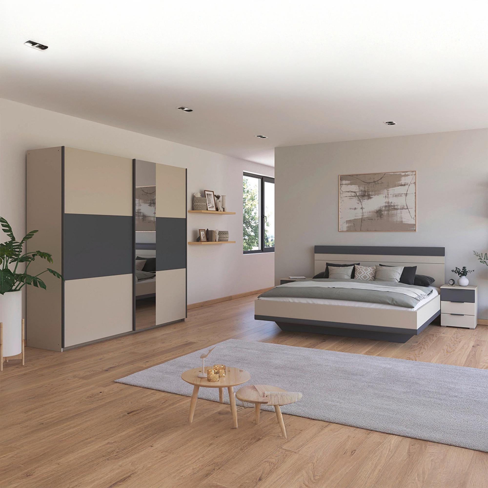 Sajo Bedroom Set - 180cm - Mirror Wardrobe - Champagne & Metallic Dark Grey