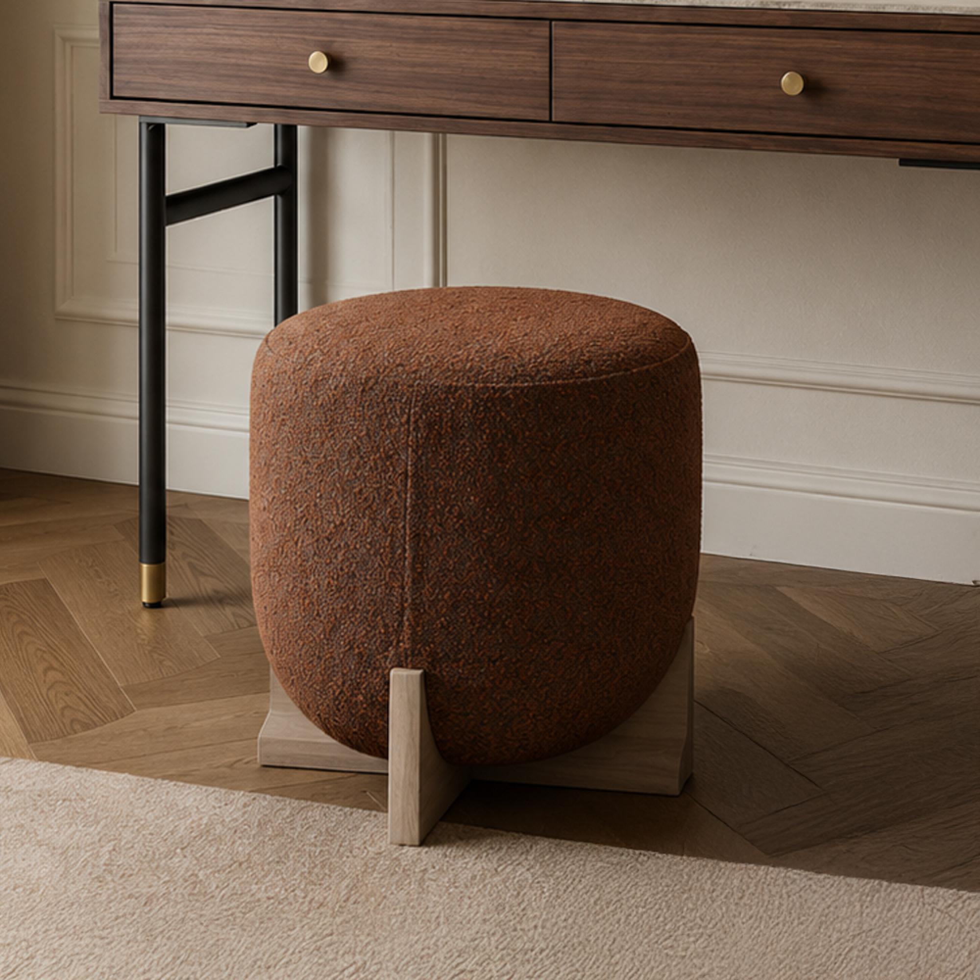 Whisper Stool - Round - Burnt Orange and White Washed Oak - Fabric and Wood