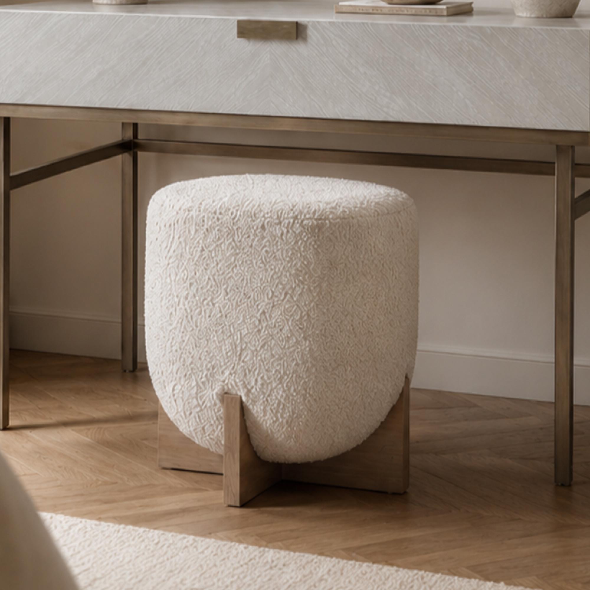 Whisper Stool - Round - Cologne Ivory and White Washed Oak - Fabric and Wood