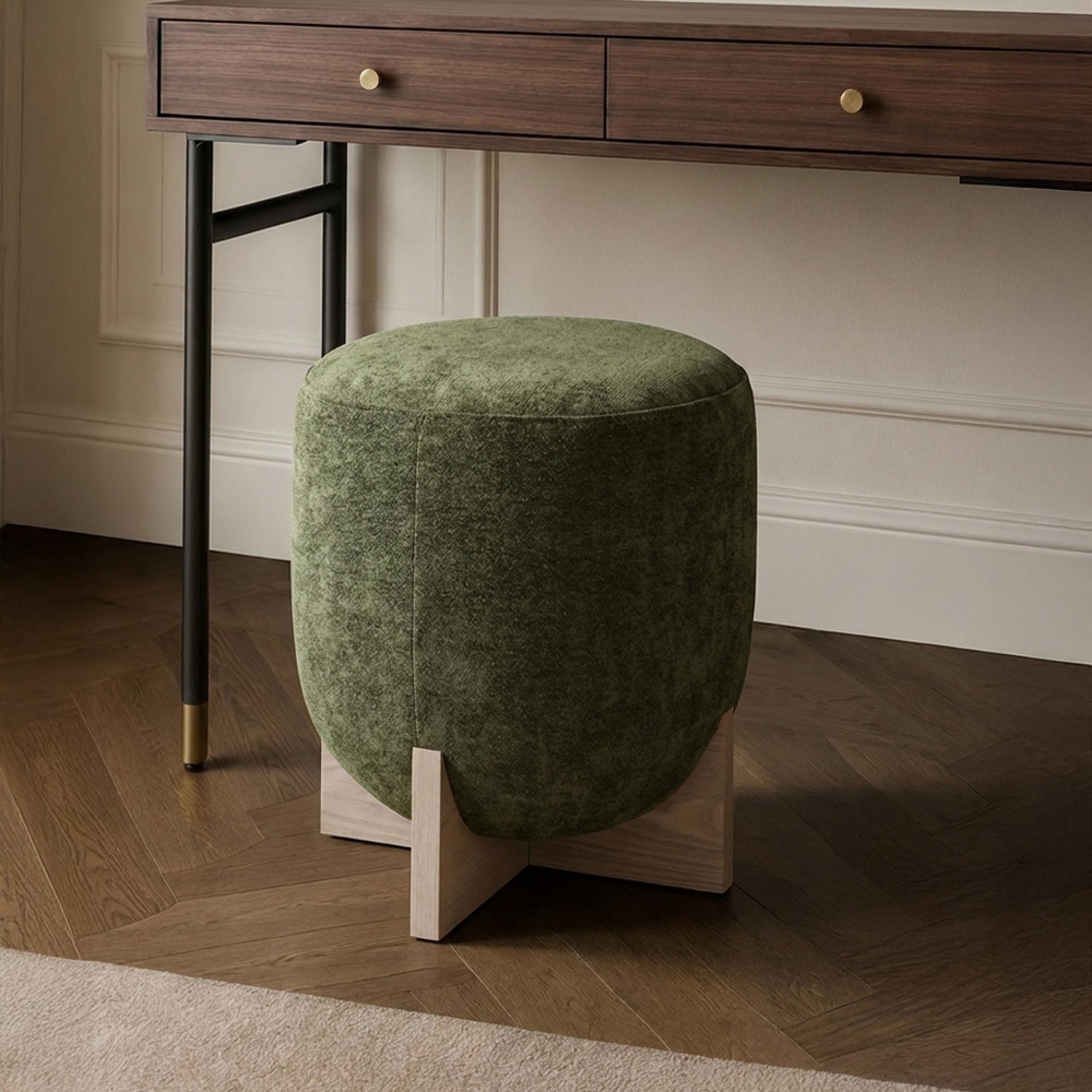 Whisper Stool - Round - Olive Green and White Washed Oak - Fabric and Wood