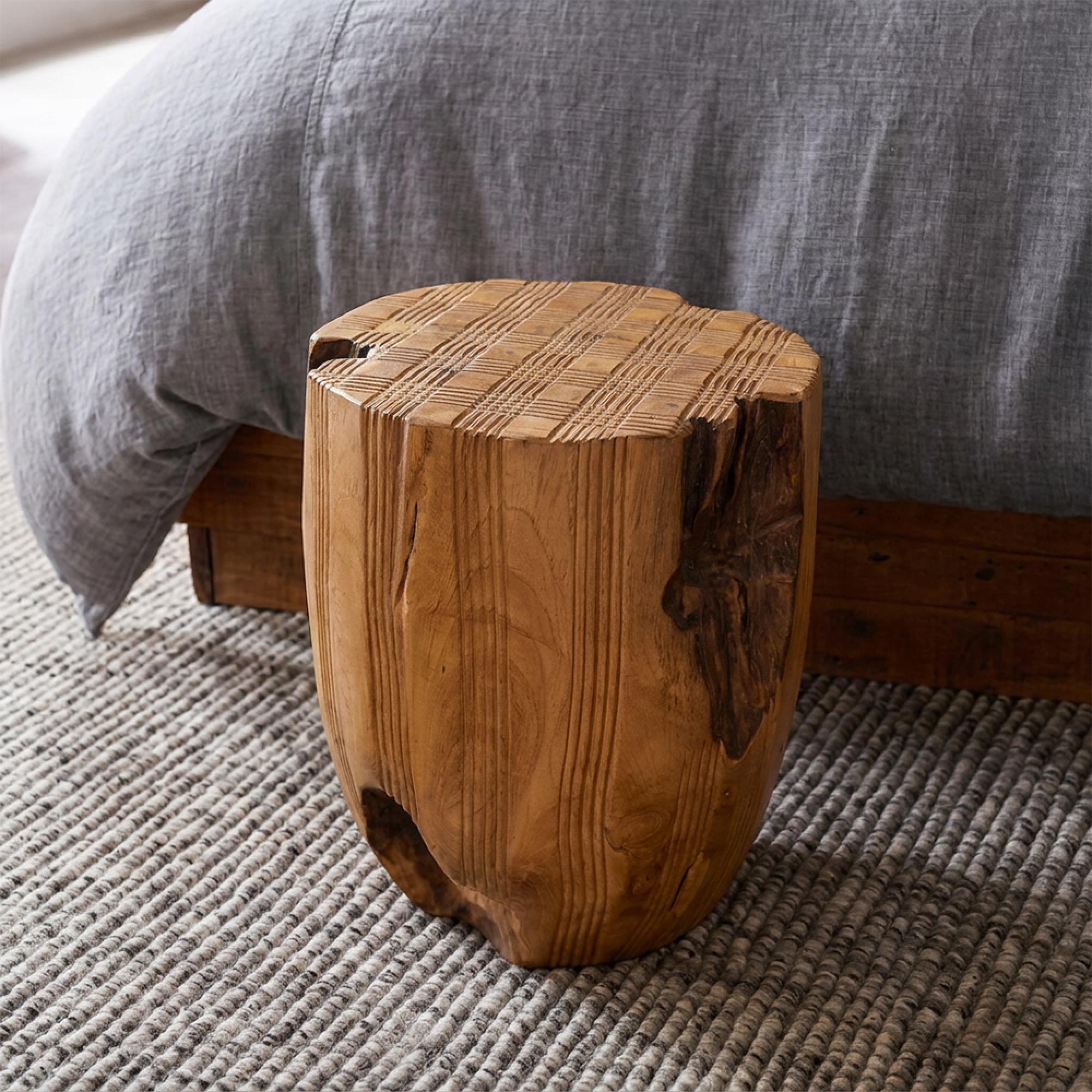 Carved Stool - Round - Live Edge - Brown - Wooden
