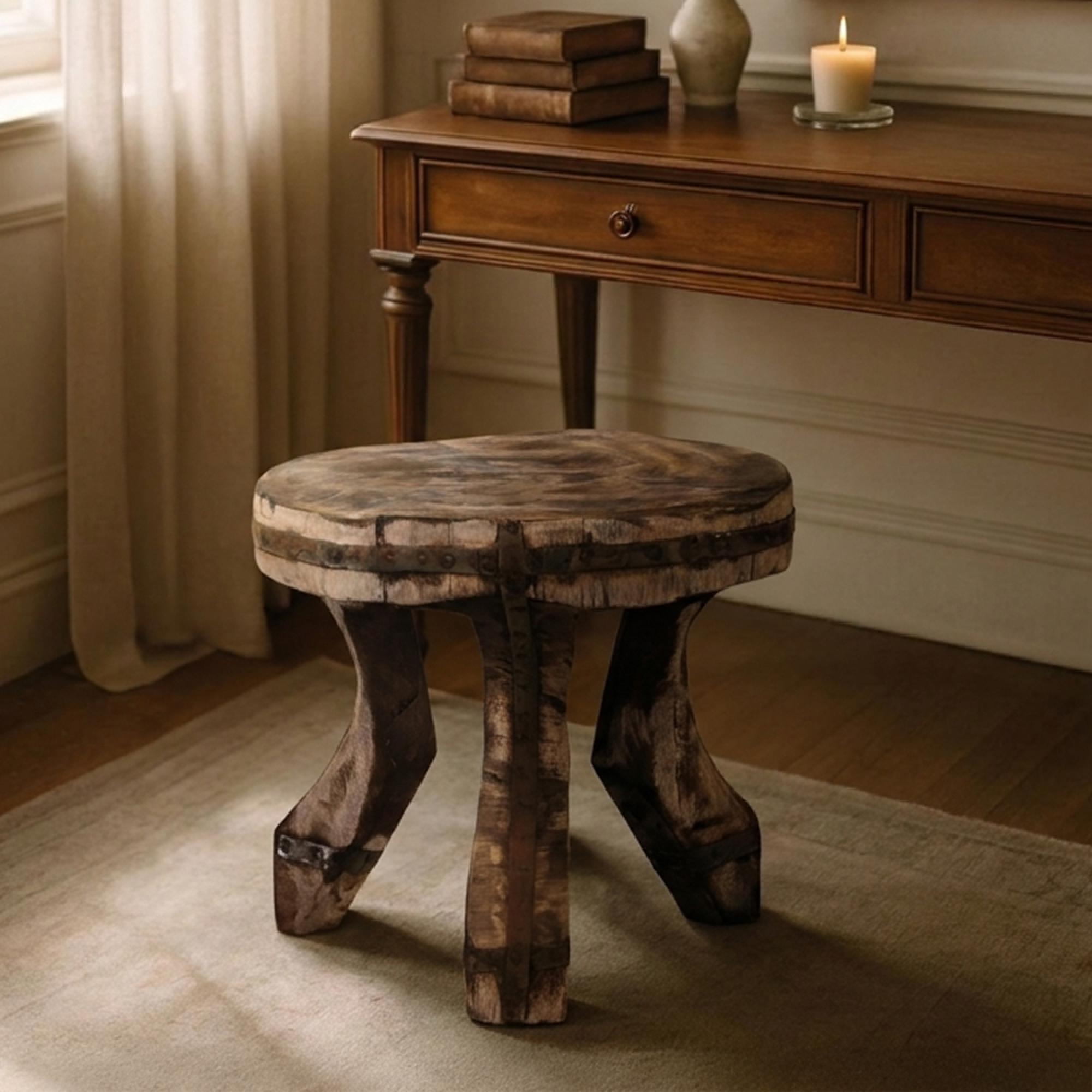 Stool - Round - Curved Legs - Natural Weathered - Wood and Metal