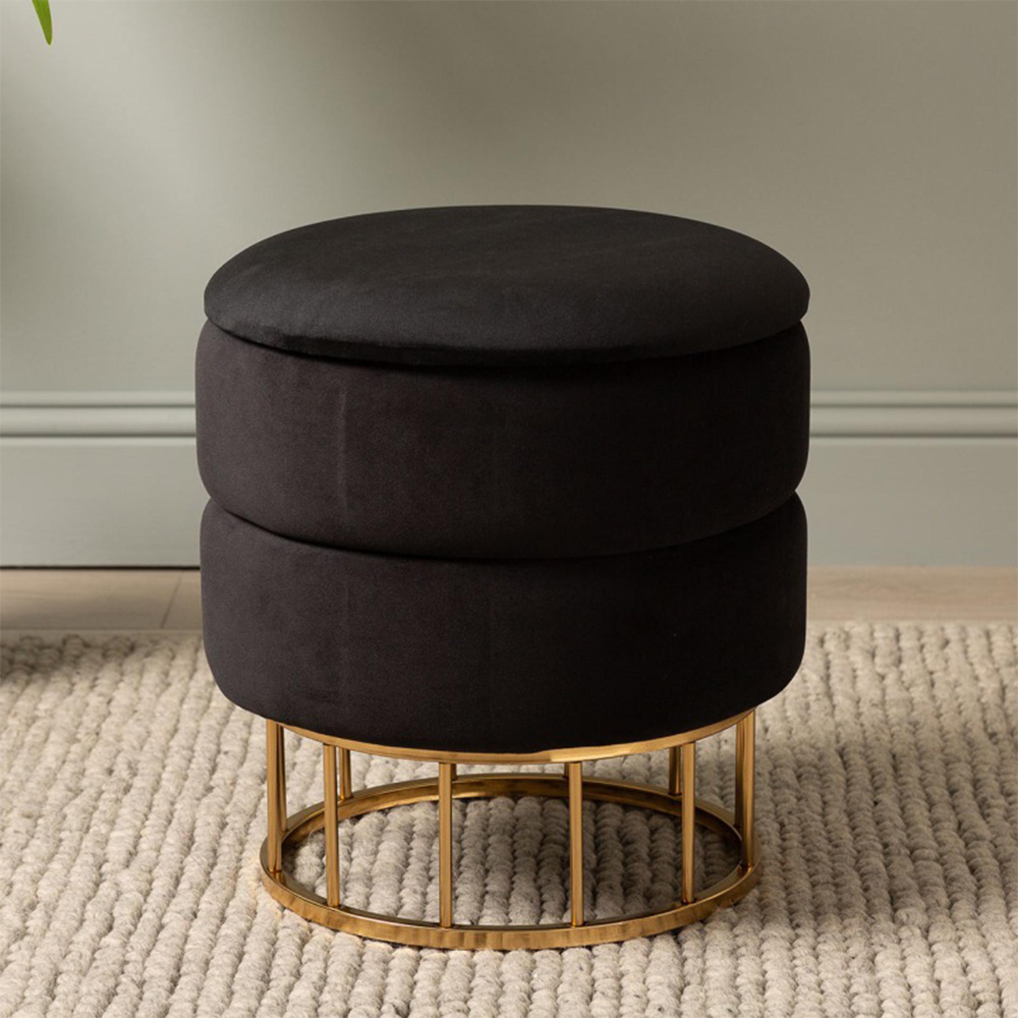 Storage Stool - Round - Black Velvet Fabric