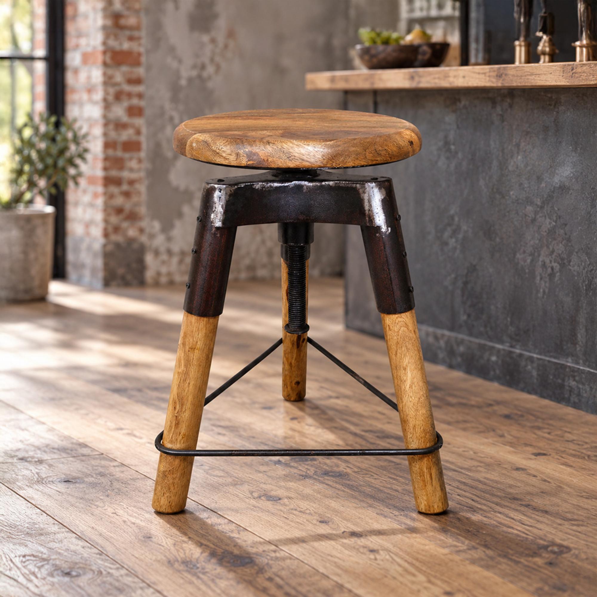 Mango Wood and Metal Spin Top Round Adjustable Stool