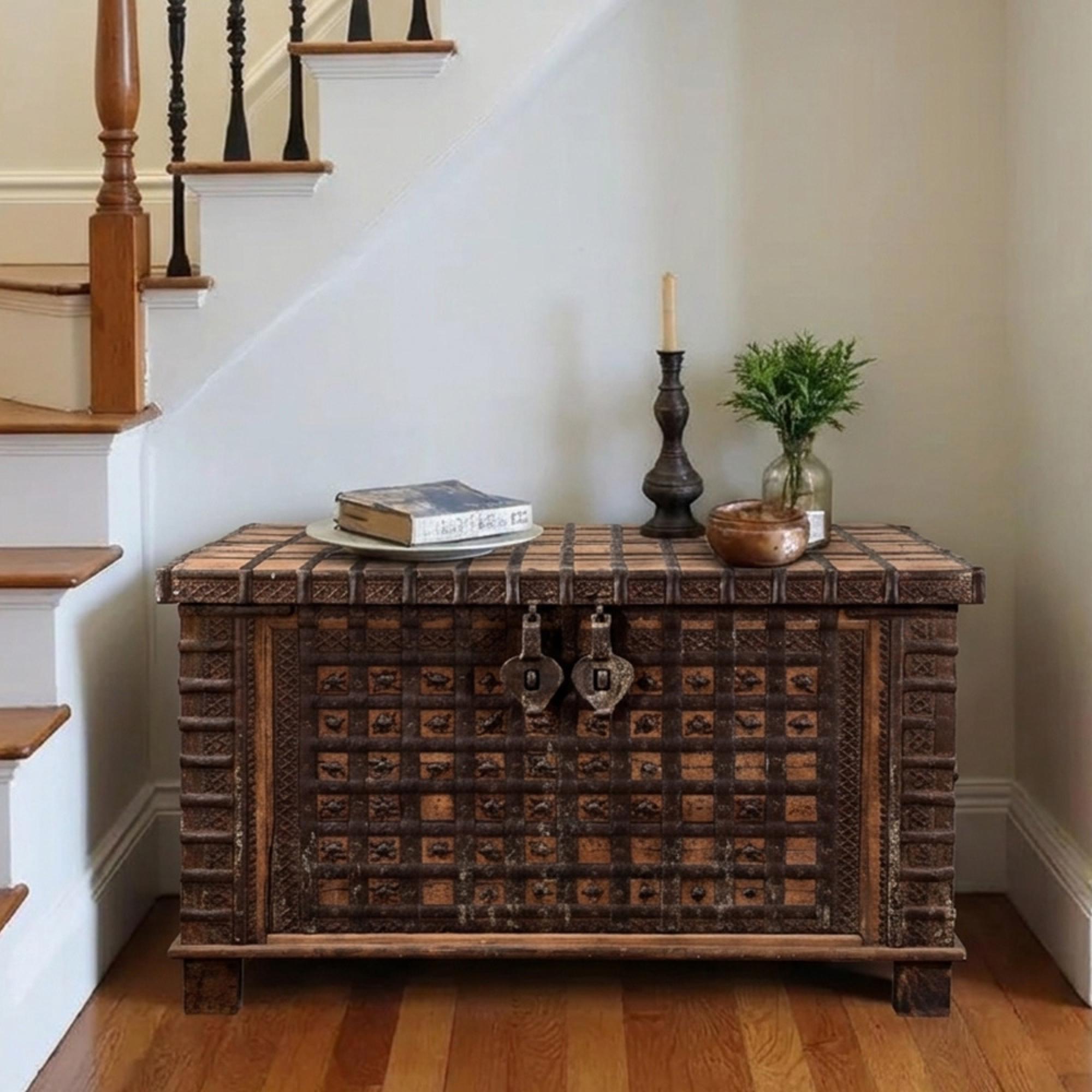 Distressed Storage Trunk - Carved - Rustic Brown - Metal and Wood