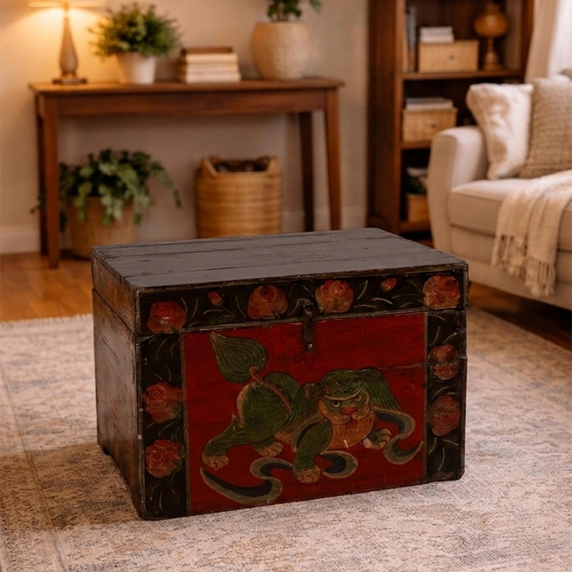 Hand Painted Storage Trunk - Folk Art Design - Red - Wooden