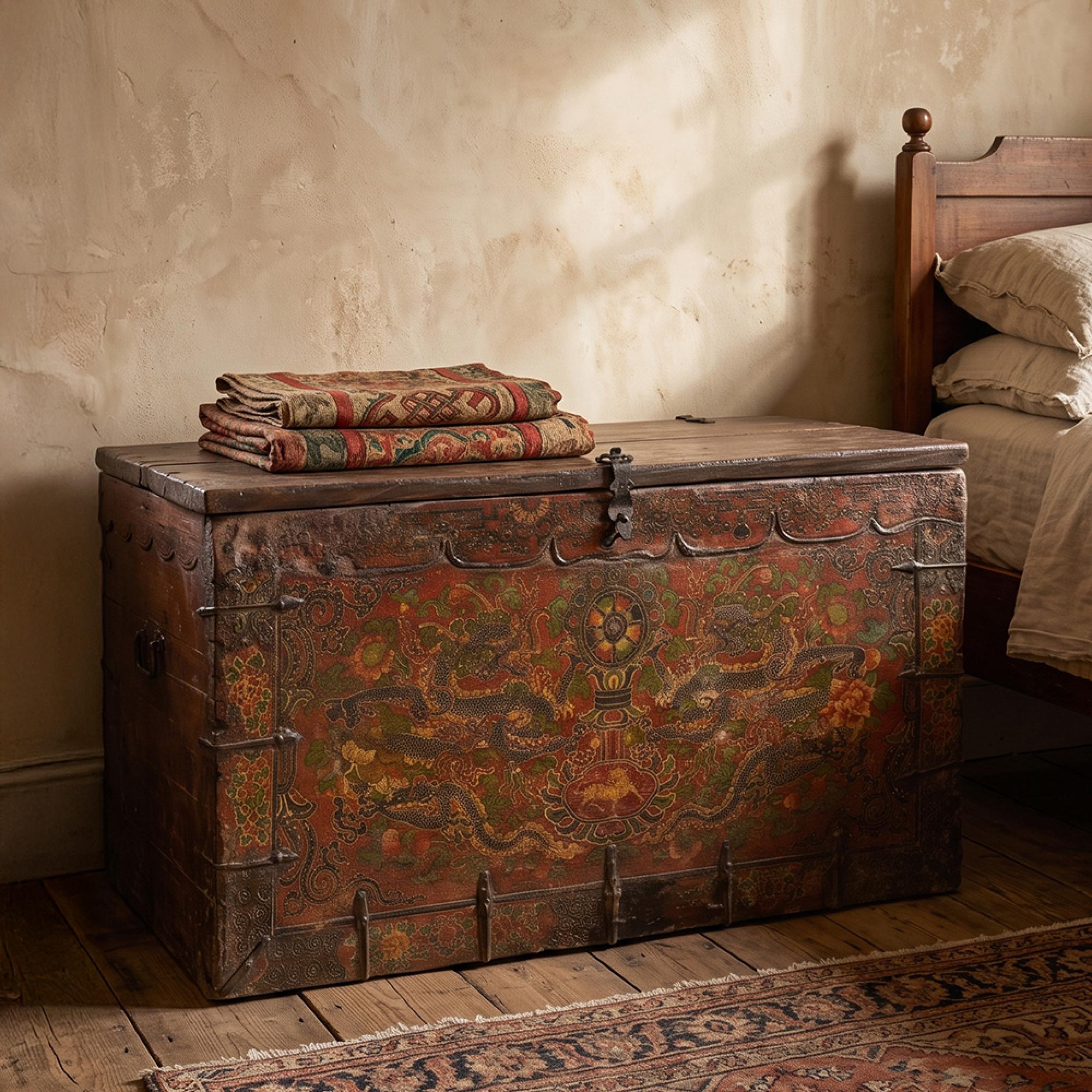 Tibetan Hand Painted Storage Trunk - Multi-Color - Wood