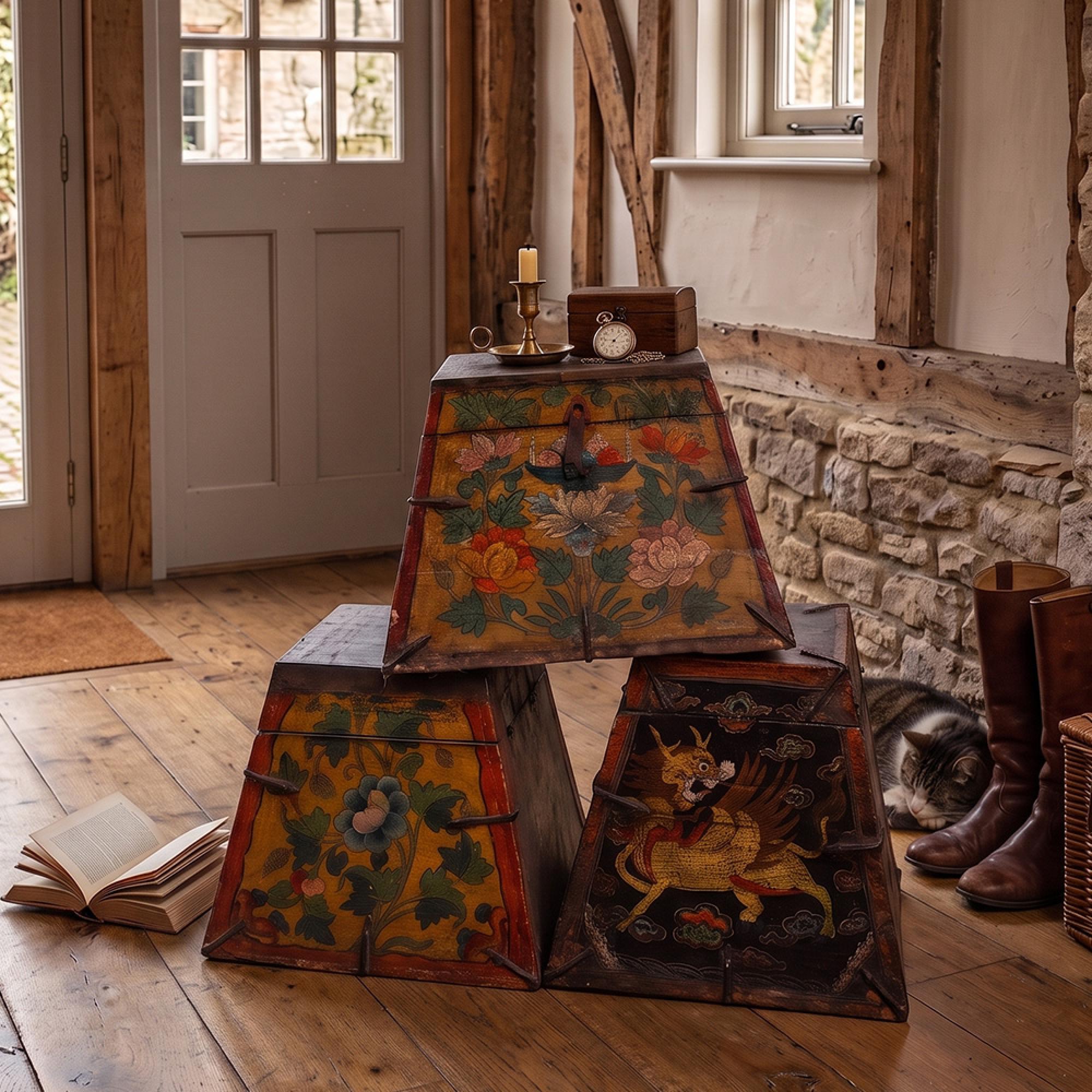 Tibetan Hand Painted Storage Trunk - Set of 3 - Multi-Color - Pine Wood