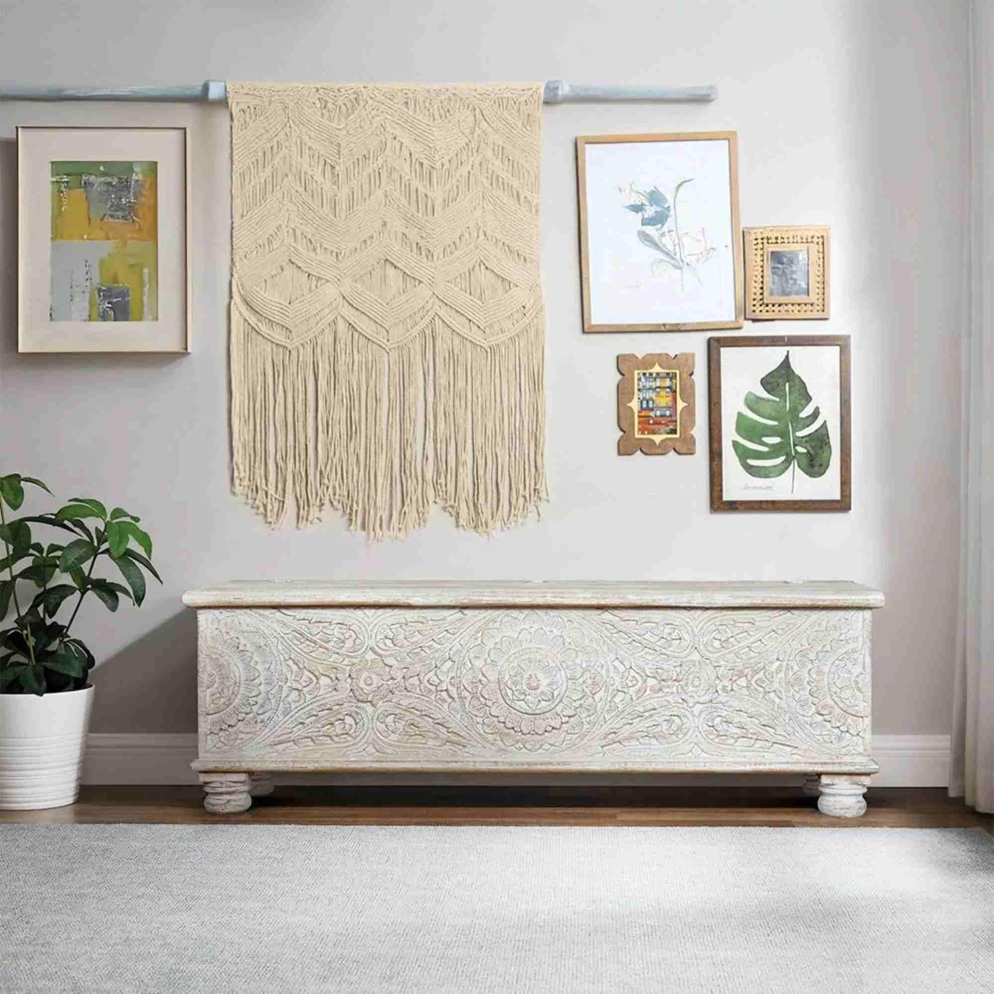 Amagmach Storage Trunk - White Carved - Mango Wood