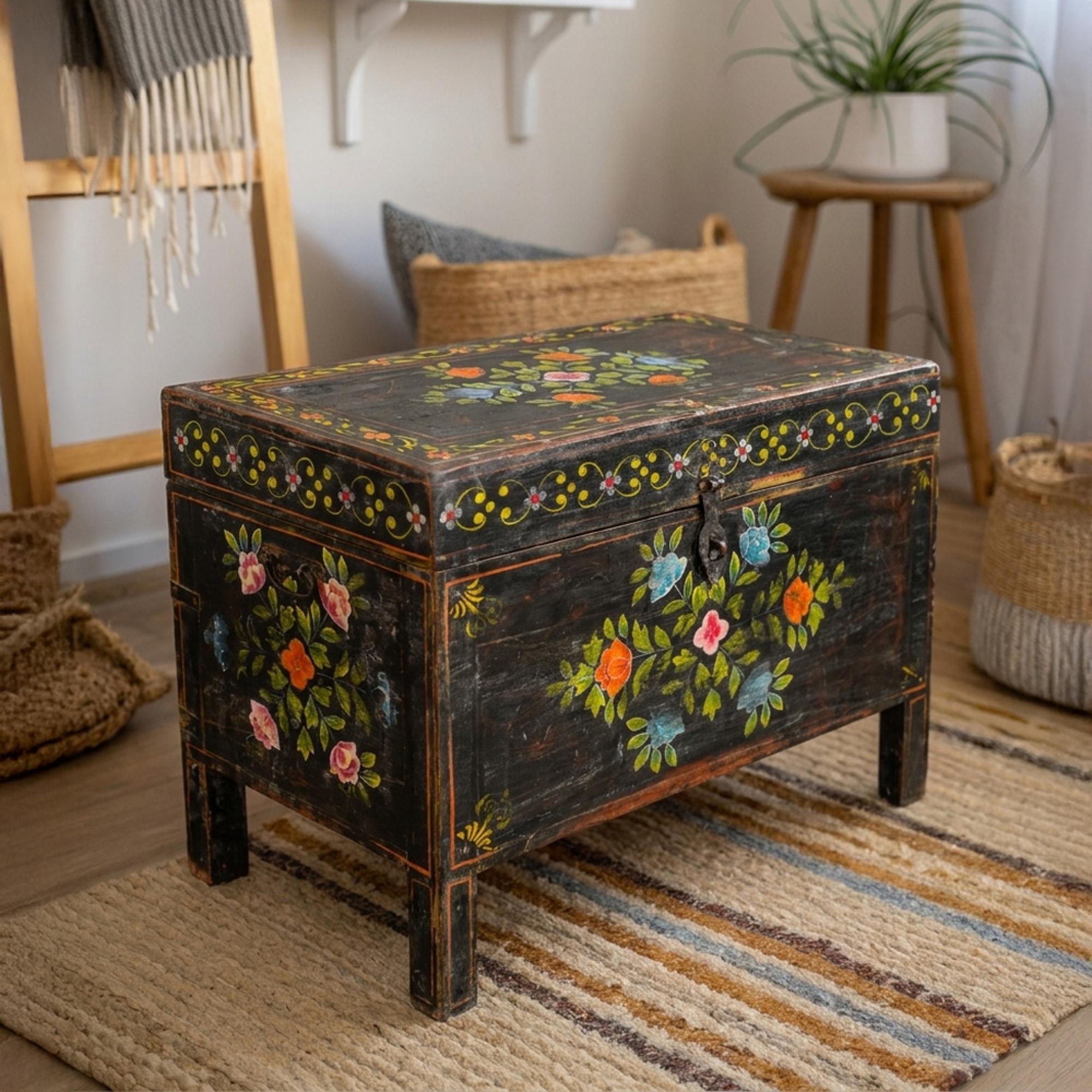 Distressed Hand Painted Storage Trunk - Black - Wooden