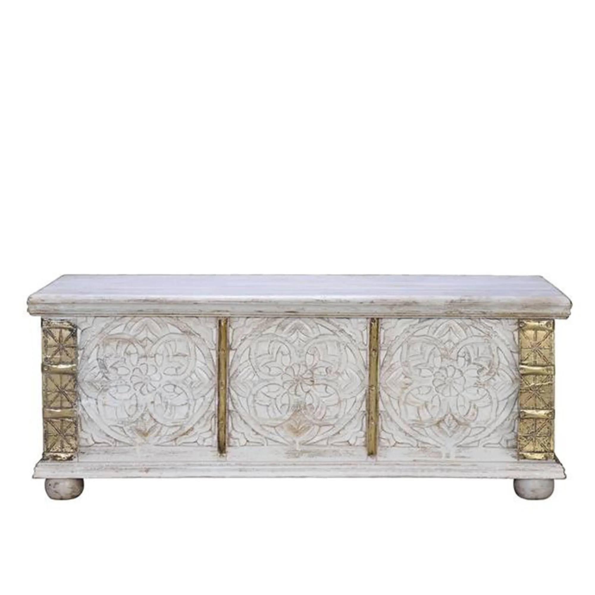 Jenbach Storage Trunk - Distressed White Carved - Mango Wood