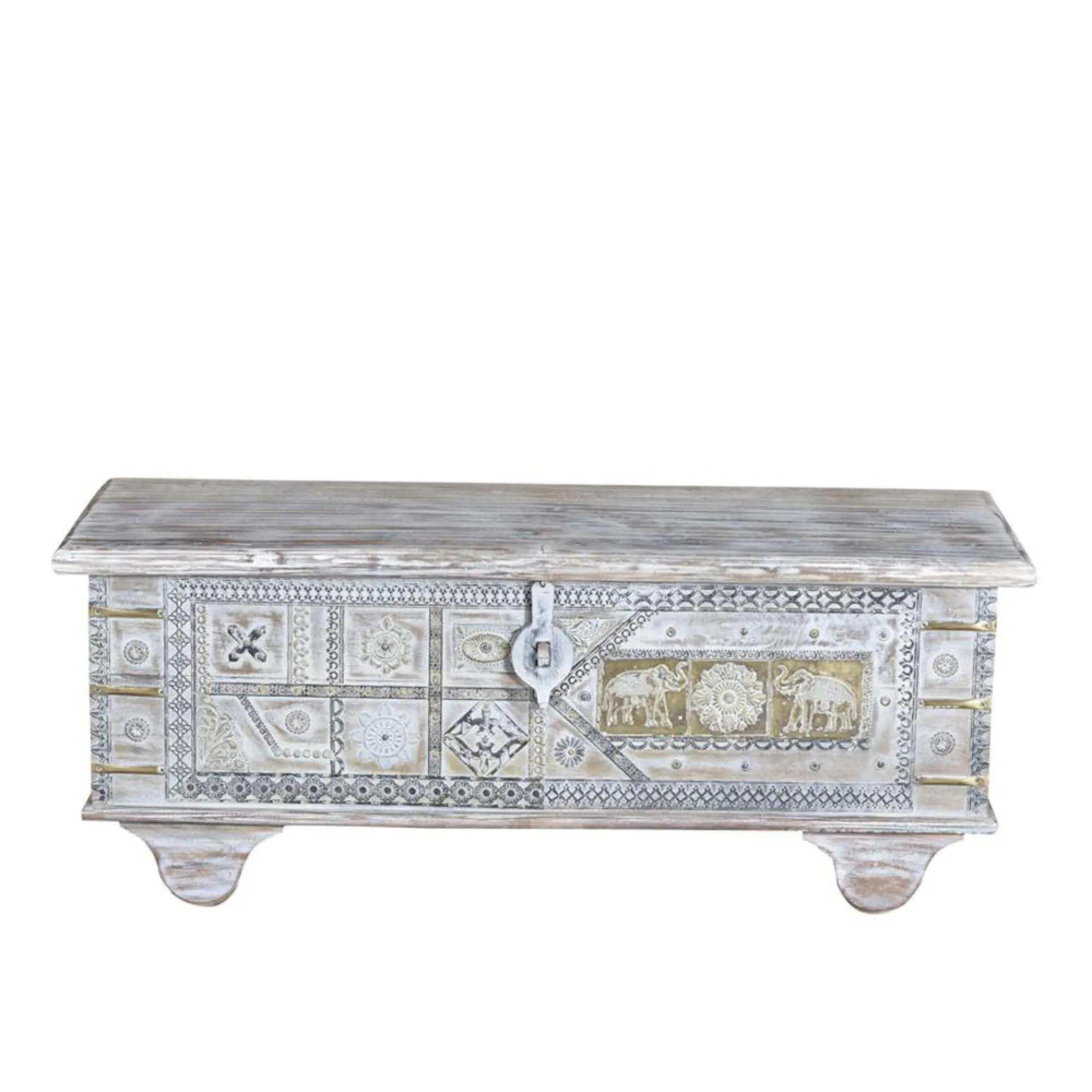 Quilk Storage Trunk - Distressed White - Mango Wood