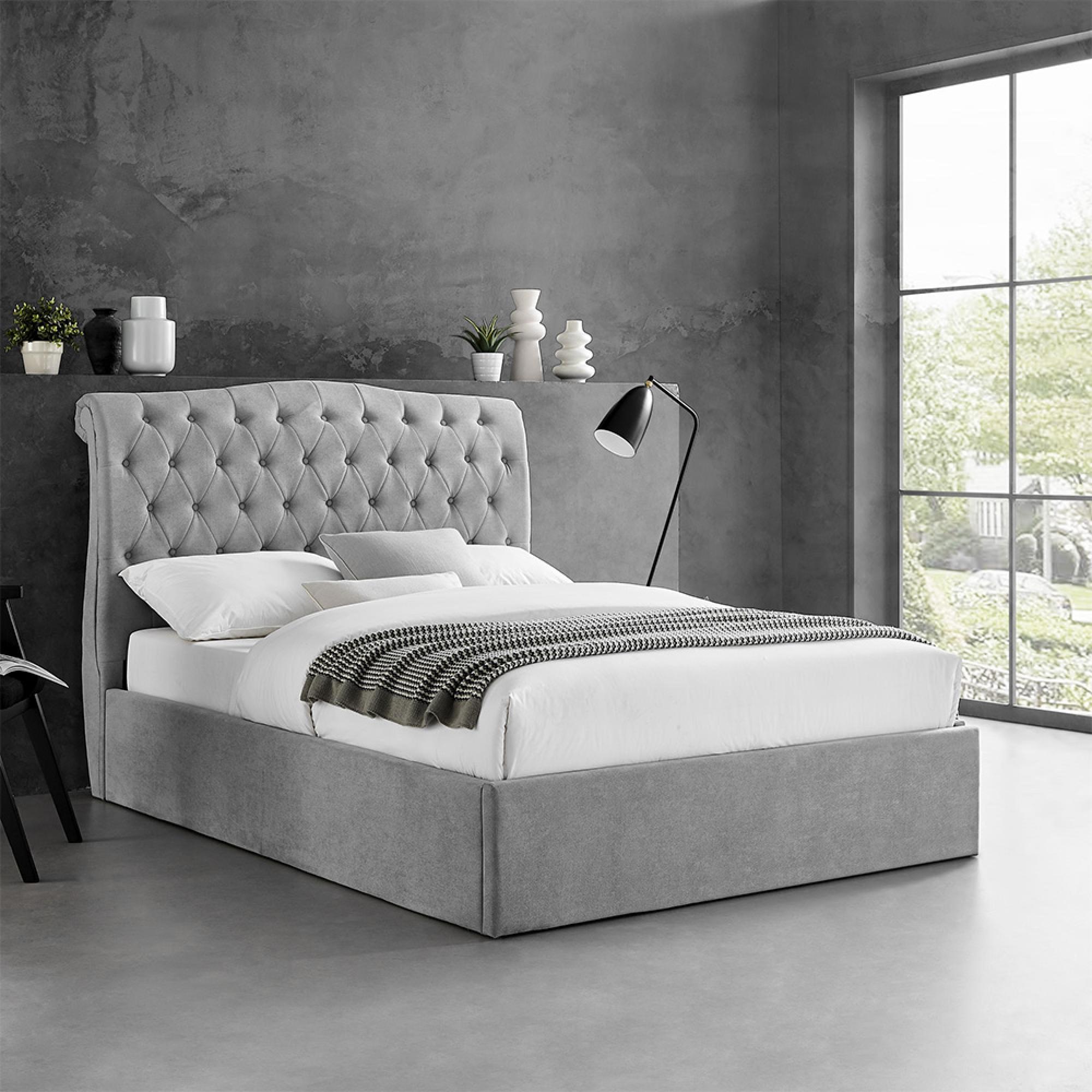Roma Light Grey Fabric Ottoman Bed - Sizes Available