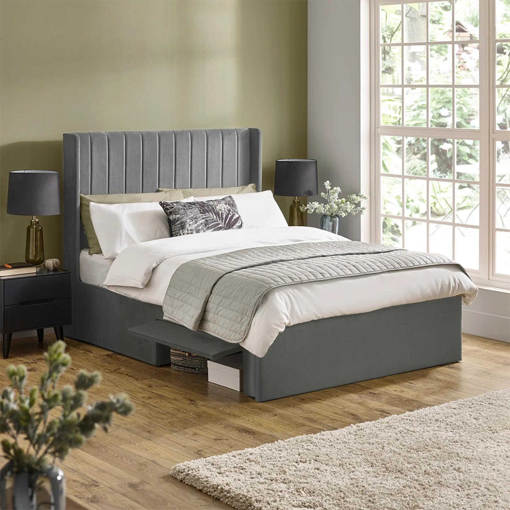 Leila Bed - Steel Grey Fabric - Sizes Available