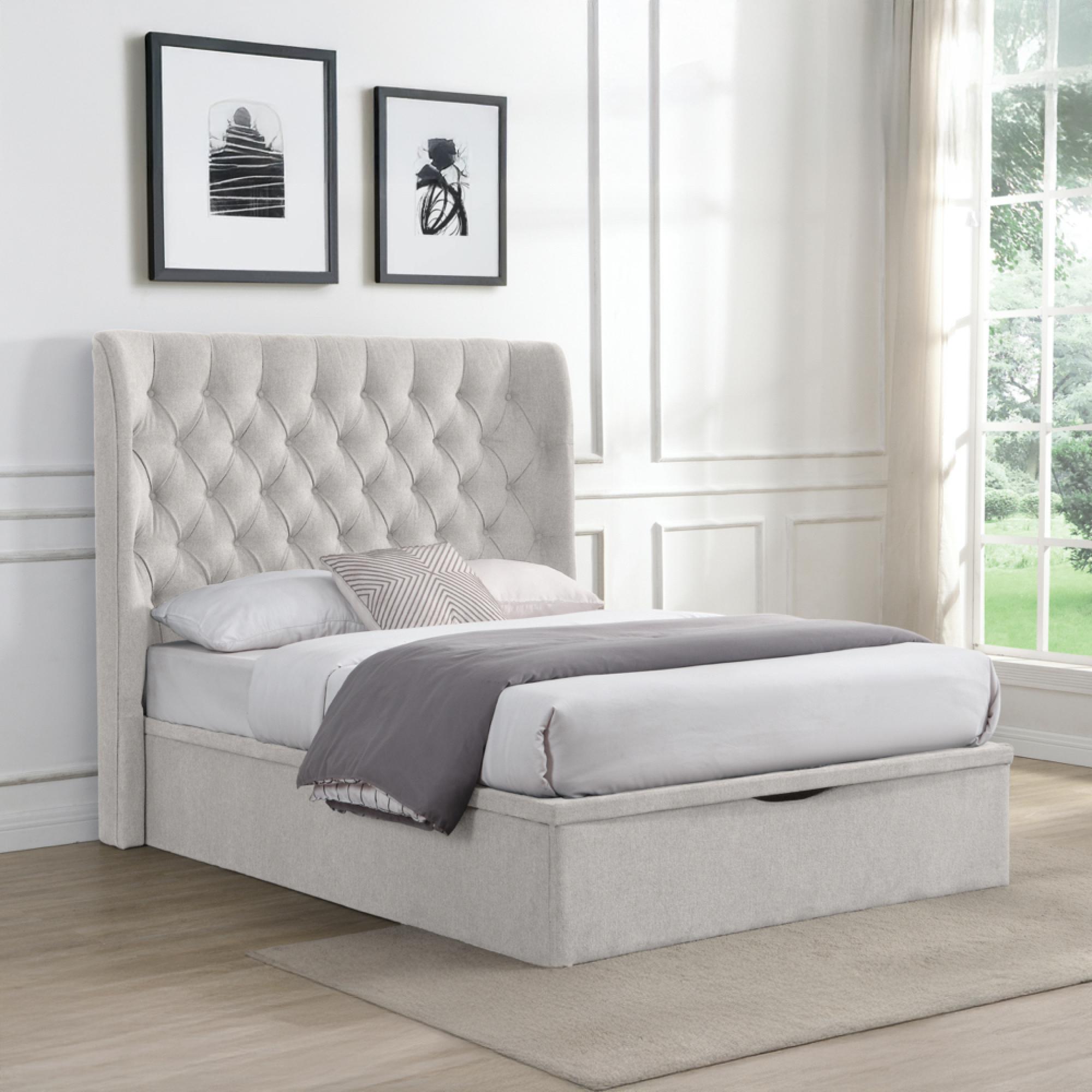 Clara Ottoman Storage Bed - Buttoned Back - Beige - Fabric - Sizes Available