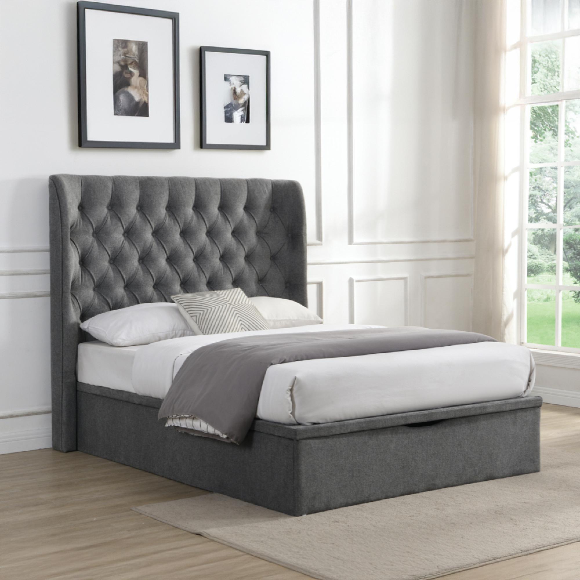 Clara Ottoman Storage Bed - Buttoned Back - Grey - Fabric - Sizes Available