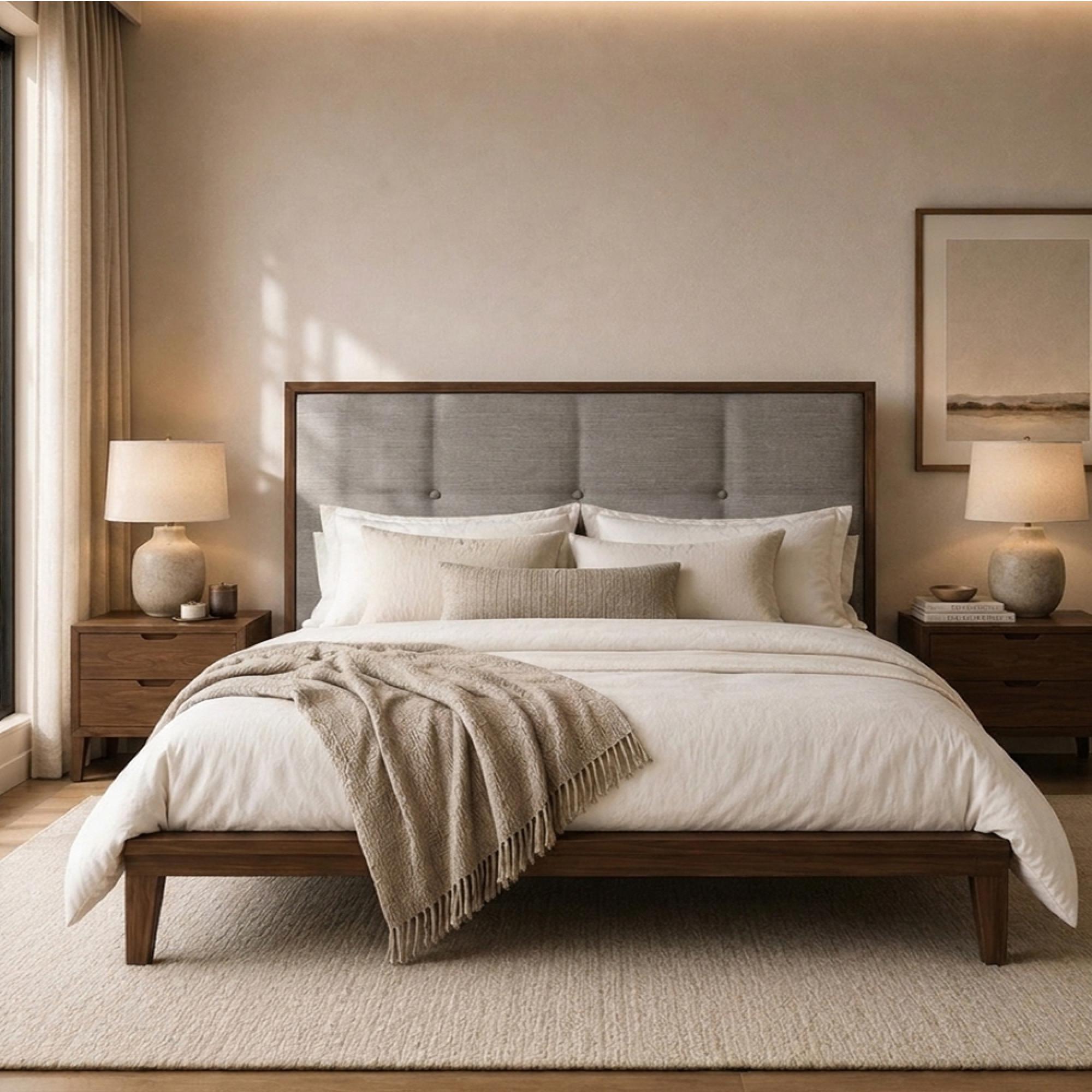 Calla Bed - 6ft Queen Size - Beige and Walnut - Fabric and Dark Wood