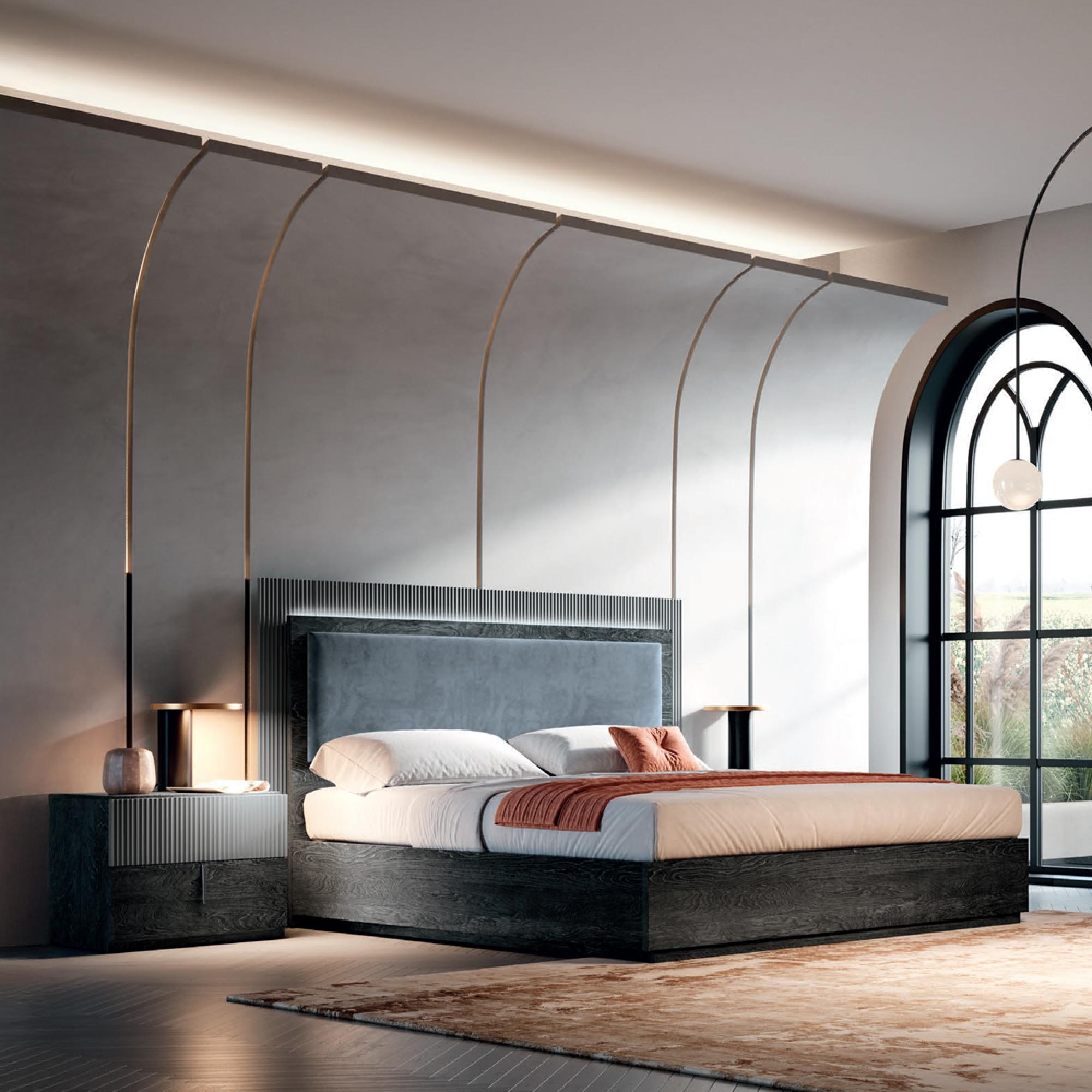 Onyx Italian Fluted Bed - with Fabric Headboard - Charcoal Black and MedBlue - Sizes Available
