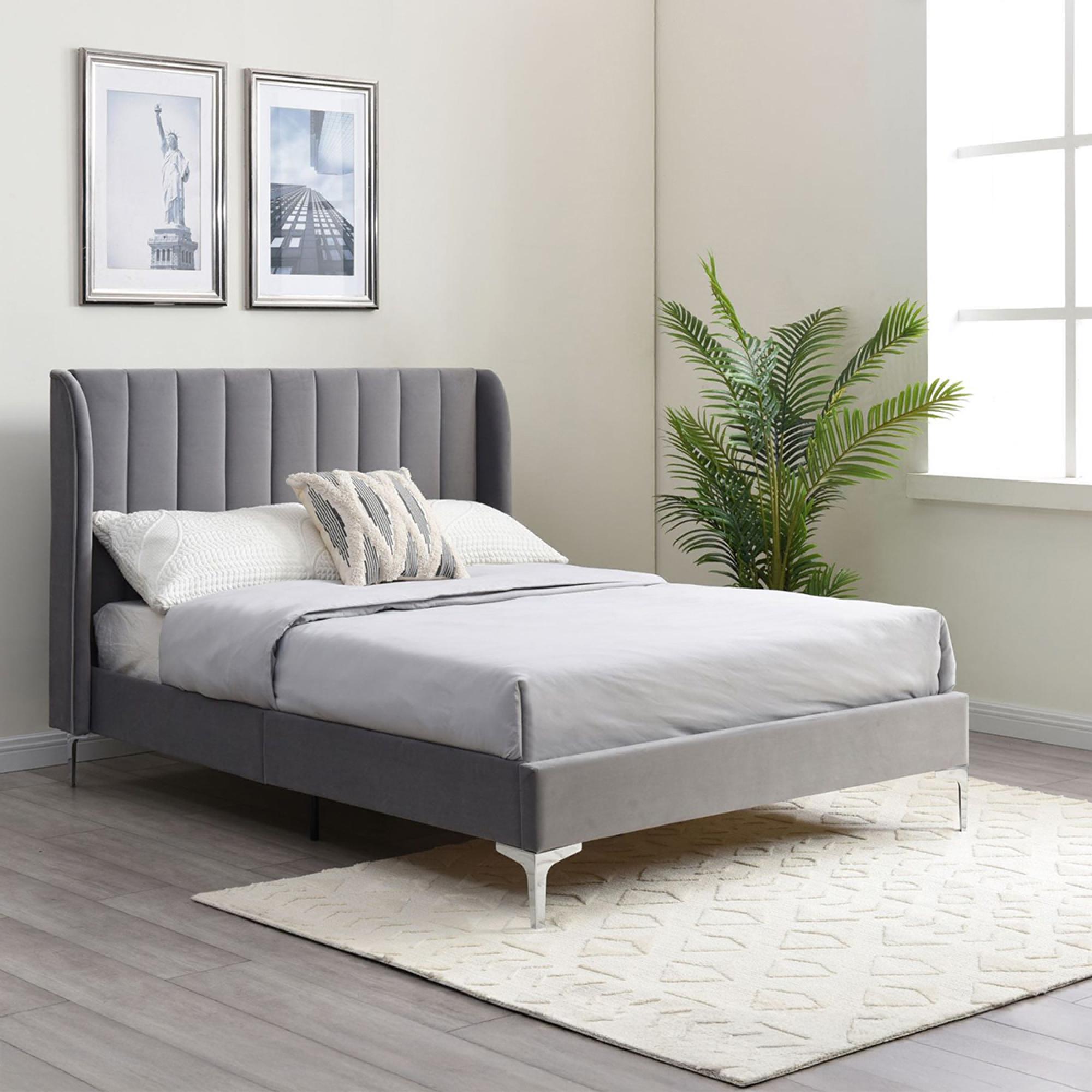 Avery Athena Grey Velvet Fabric Bed - Sizes Available