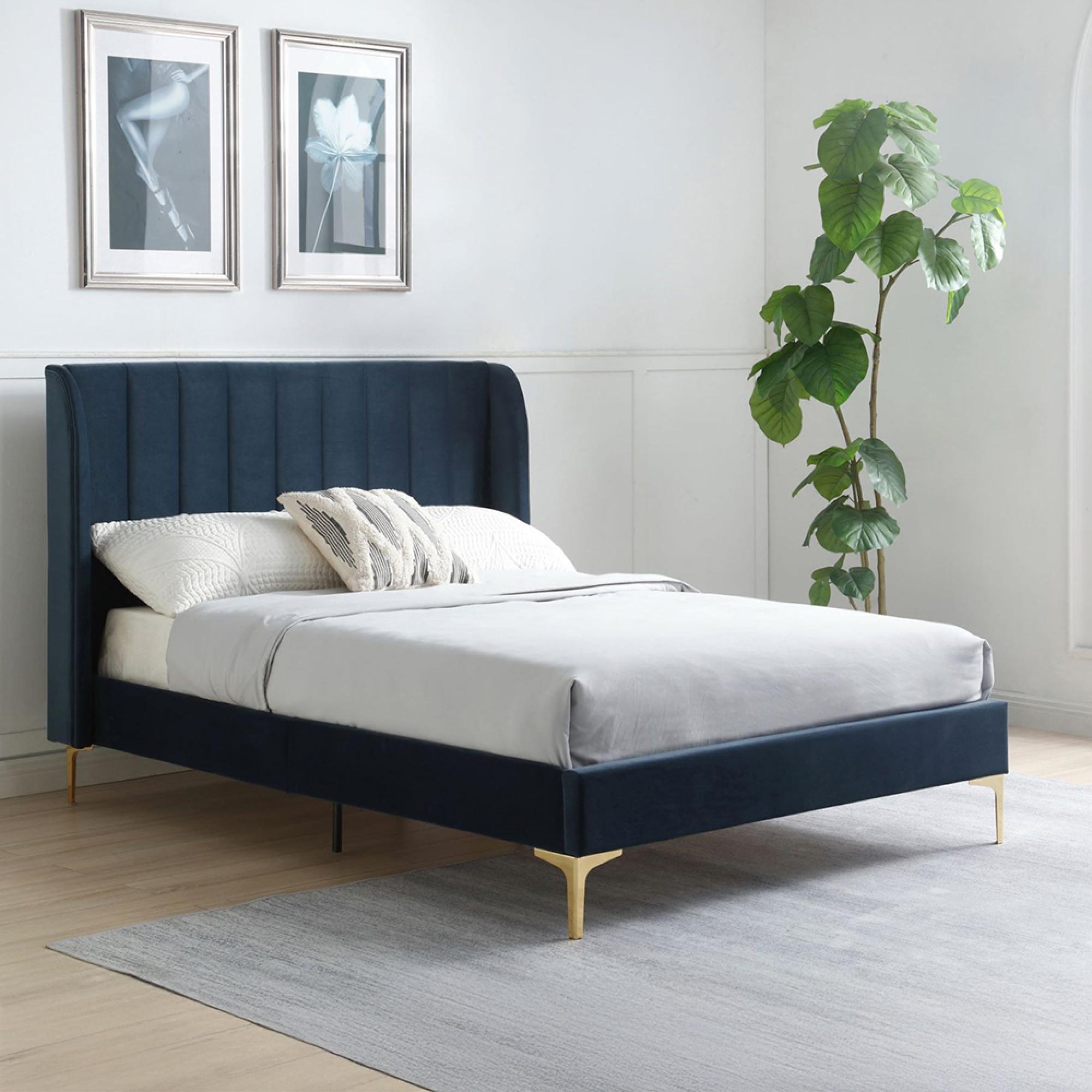 Avery Athena Ink Blue Velvet Fabric Bed - Sizes Available