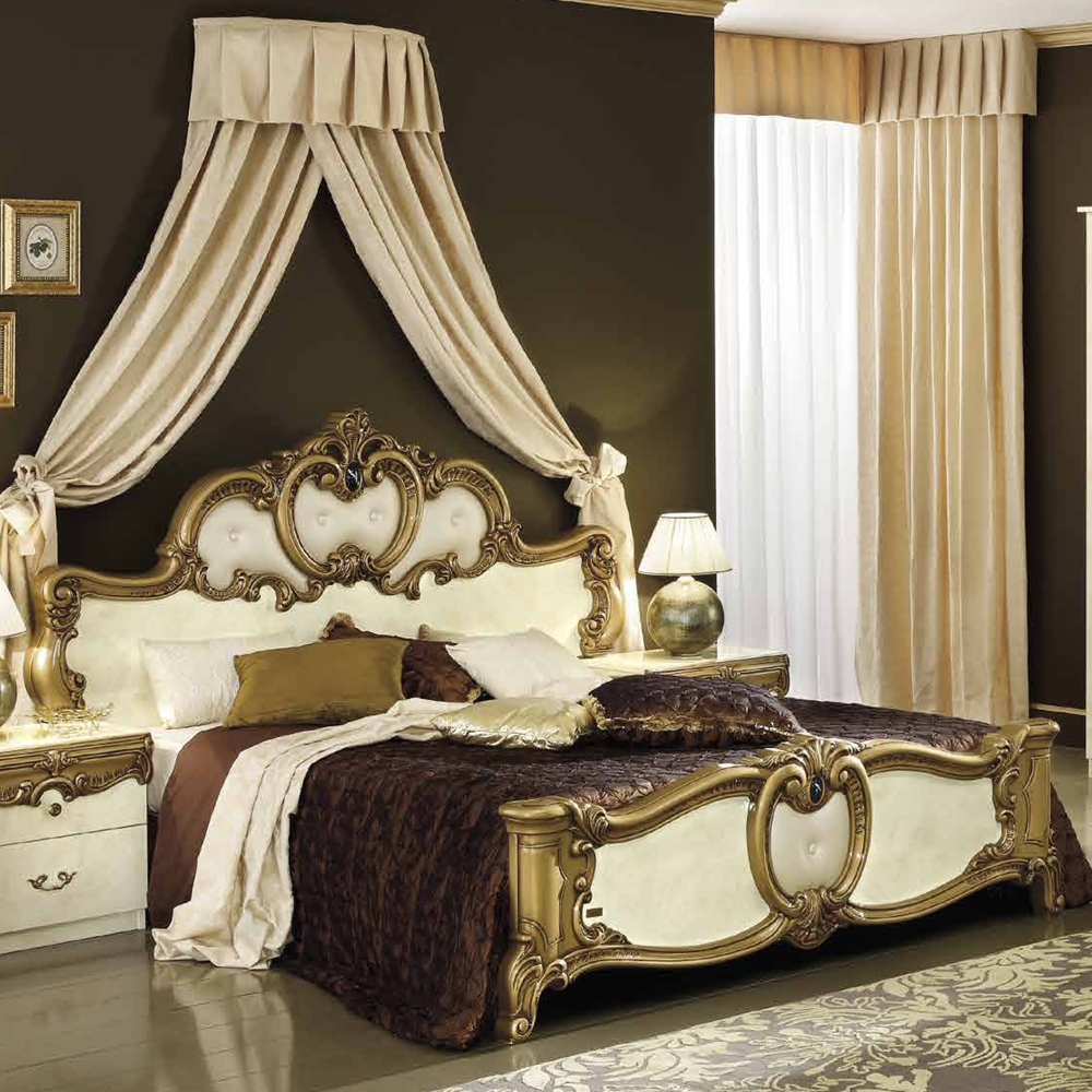 Barocco Bed - Ivory and Gold - Leather - Sizes Available