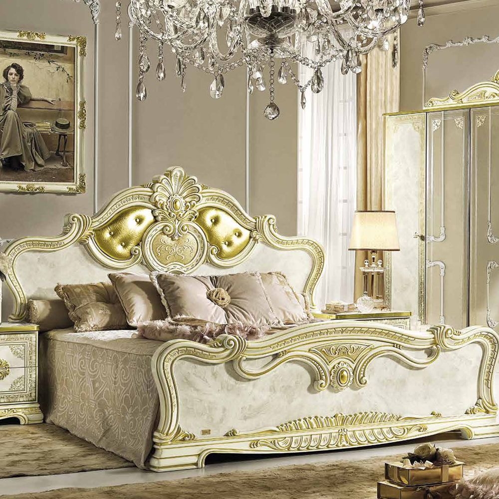 Leonardo Bed - Upholstered - Ivory Gloss and Gold - Sizes Available