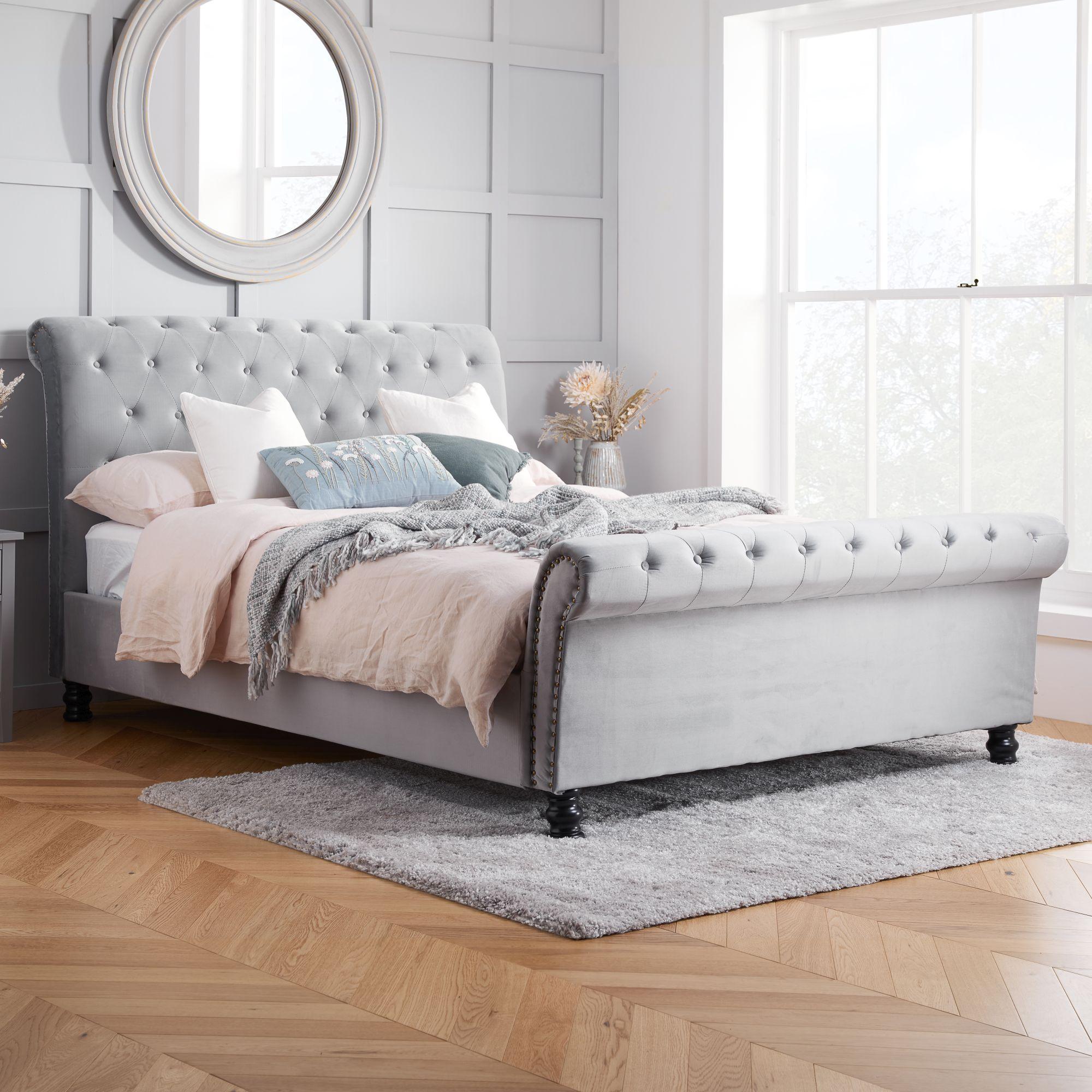 Opulence Bed - Grey Velvet Fabric - Sizes Available