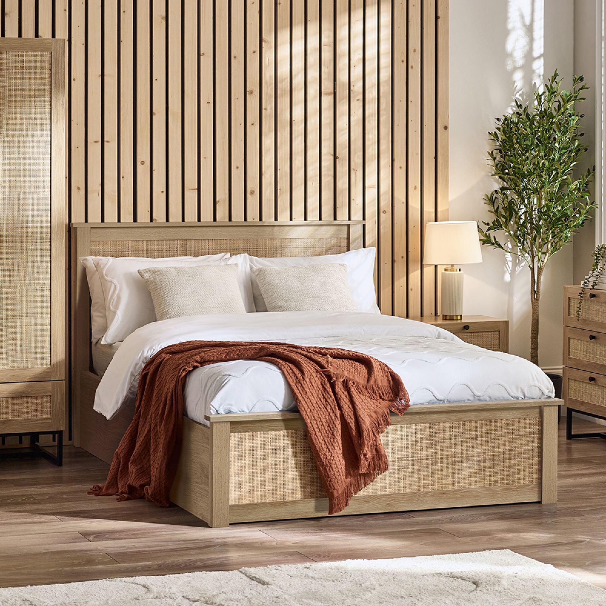 Padstow Bed - Oak and Rattan - Sizes Available