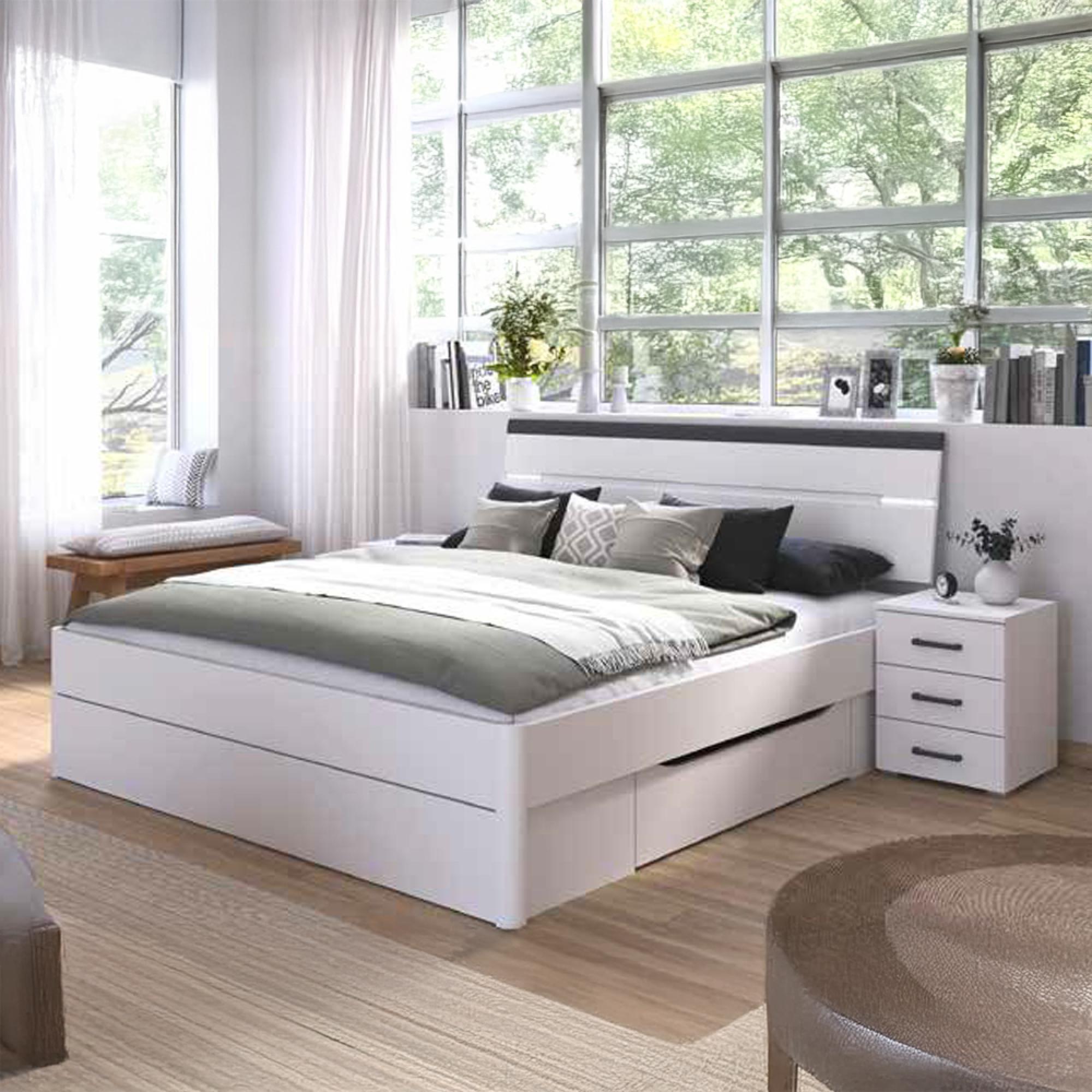 Corvo Bed - Alpine White & Metallic Dark Grey - with 2 Bedside Cabinets - 6ft Queen Size