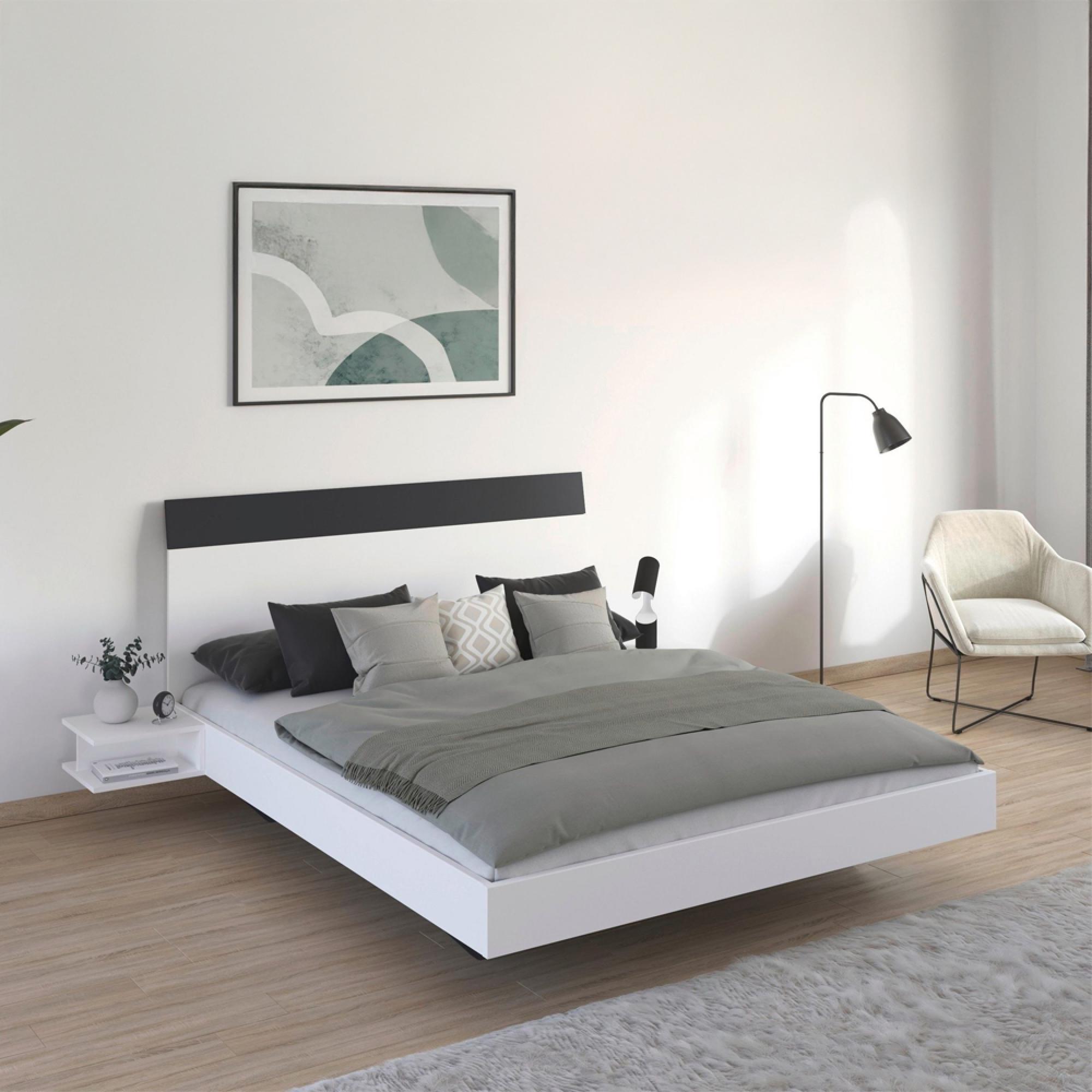 Monza Bed - with 2 Hanging Bedside Tables - Alpine White & Metallic Dark Grey - 5ft King Size
